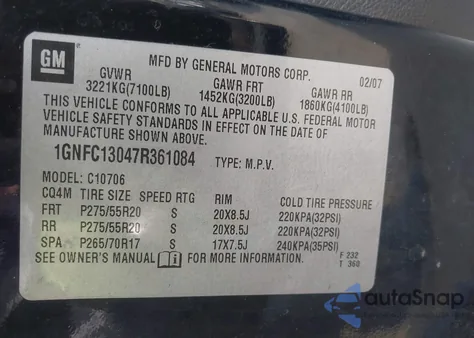 2007 Chevrolet Tahoe Ltz из США, поврежденный, VIN 1GNFC13047R361084